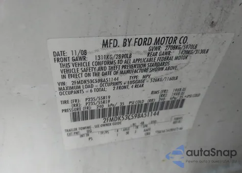 2009 Ford Flex Limited из США, поврежденный, VIN 2FMDK53C59BA51144